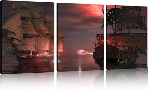 Vista 27 de TutuBeer 3 Piezas Arte de Pared Batalla Naval Barco Imagen Barco Pirata Velero Póster Barco Pirata Azul en Llamas Imagen Impresa en Lienzo Póster