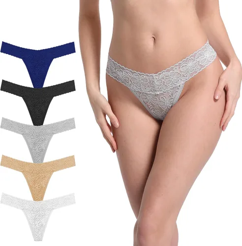 Vista 9 de T Back Sexy Low Rise Elástico Invisible Patrones Encaje Algodón Mujeres Tangas Pack Tangas de cinturón de 10