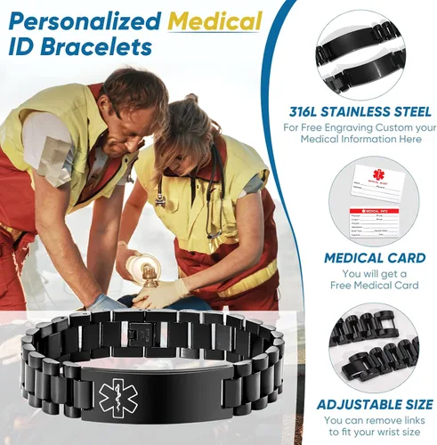 Vista 4 de Gamtic Pulsera personalizada de alerta médica personalizable, pulsera de identificación de emergencia, estilo pulsera, pulseras de alerta grabadas