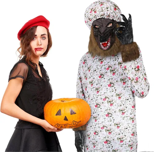 Vista 6 de Bonuci Disfraz de Halloween de lobo de abuelita para adultos, traje de cosplay con sombrero, máscara de cabeza de lobo, guantes de lobo