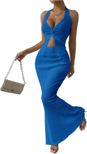 Vista 19 de SOLY HUX - Conjunto de dos piezas de verano para mujer, con parte superior tipo camisola con cuello halter, nudo frontal y falda marrón (Plain Brown)