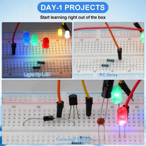 Vista 10 de Kit de 1530 piezas de componentes electrónicos – Set de inicio para laboratorio electrónico 830-Tie Breadboard, resistencias de película metálica