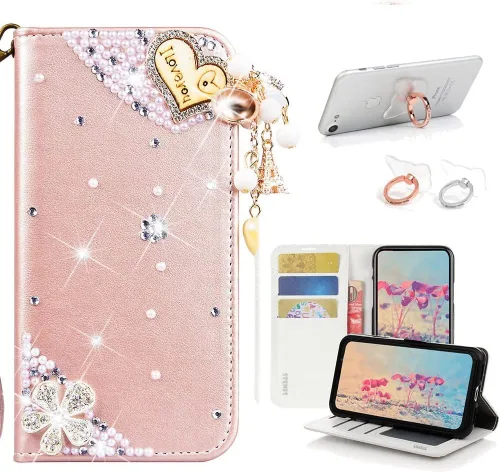 Vista 6 de Bling - Funda tipo cartera compatible con iPod Touch 5/iPod Touch 6, elegante, 3D hecha a mano, S-Link, funda de piel con diseño de mariposas