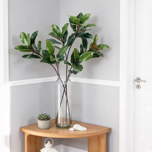 Vista 6 de 3 ramas de magnolia sintética de 32 pulgadas con 17 hojas de vegetación artificial, tallos largos, hojas de plátano falsas realistas, plantas