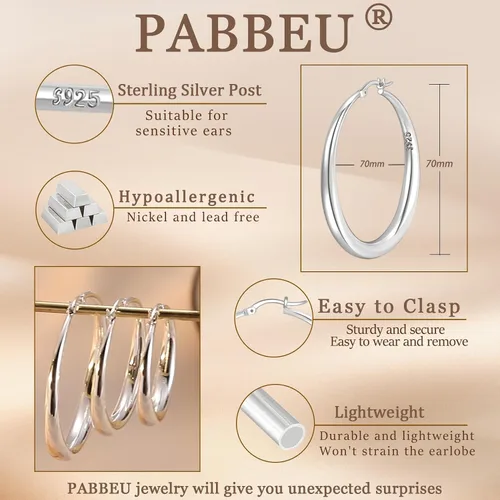 Vista 2 de PABBEU Aretes de aro de plata de ley S925 grandes para mujer, hipoalergénicos, ligeros, grandes, gruesos, para mujeres y niñas, 354050602.756 in