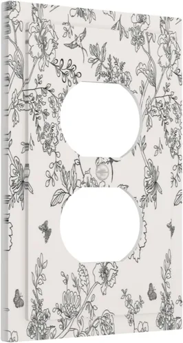 Vista 2 de Cubierta de tomacorriente eléctrico dúplex individual estilo campestre con diseño floral de flores y pájaros en blanco y negro, placa de pared de 1