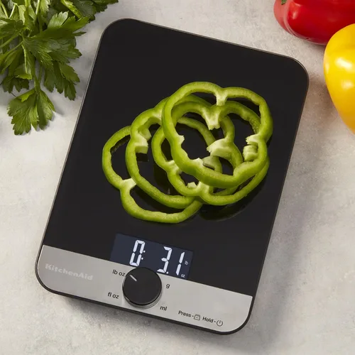 Vista 3 de KitchenAid KQ908 - Báscula digital para cocina y alimentos con superficie de vidrio, capacidad de 11 libras, color negro