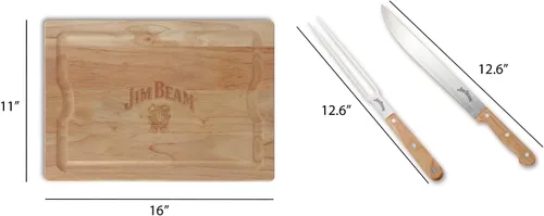 Vista 6 de Jim Beam Juego de tallado de 3 piezas, cuchillo y tenedor de acero con asas de madera y tabla