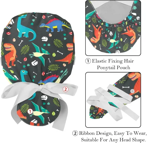 Vista 4 de DEYYA 2 gorras Bouffant con bolsa de cola de caballo de algodón, gorro de trabajo ajustable, gorra quirúrgica de dinosaurio, camuflaje verde