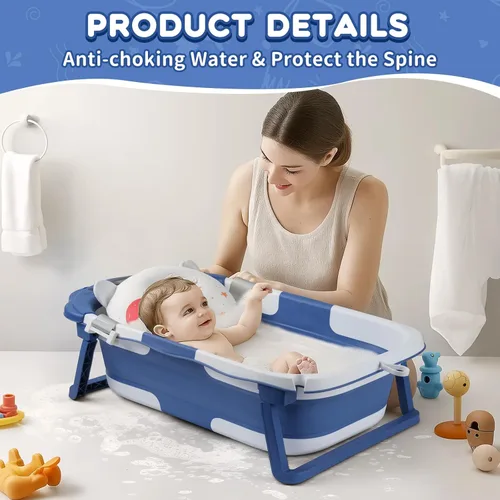 Vista 6 de Bañera para bebé, bañera plegable para bebé con termómetro y cojín flotante suave, bañeras portátiles de viaje para bebés para recién nacidos a Gris