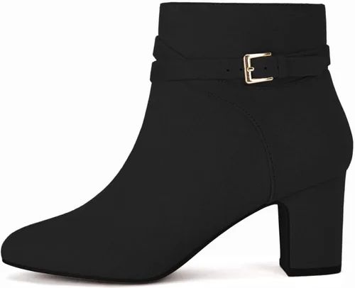 Vista 4 de Botas de tobillo para mujer, tacón grueso, punta redonda, hebilla multicorrea, cremallera lateral, botines de otoño, zapatos de vestir