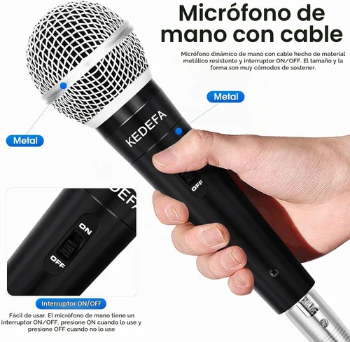 Vista 4 de KM88 Micrófono de karaoke de mano con cable, micrófono vocal dinámico super cardioide con cable de audio XLR desmontable de 13.12 pies e interruptor