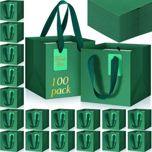Vista 17 de Windyun 25 mini bolsas de regalo de papel con asa de 6 x 6 x 6 pulgadas, pequeñas bolsas cuadradas con etiqueta de agradecimiento para Navidad