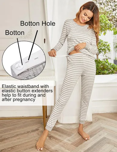 Vista 2 de Ekouaer Conjunto de ropa interior térmica de maternidad y lactancia, conjunto de pantalones largos de punto a rayas, capa base superior e inferior
