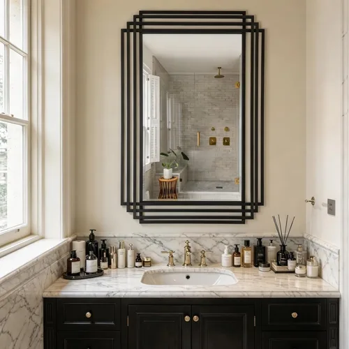 Vista 15 de Espejo de pared rectangular decorativo de 24 x 18 pulgadas con marco de metal negro Geometric Design, HD Mirror, Horizontal/Vertical Hanging, Art