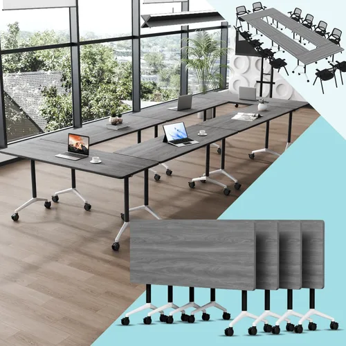 Vista 12 de Paquete de 4 mesas de conferencias plegables, mesa de entrenamiento móvil Walnut 1