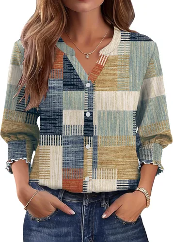 Vista 19 de LOMON Camisas con botones para mujer, manga 3/4, blusas casuales de negocios, blusas de verano 2026