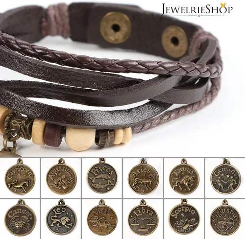 Vista 4 de JewelrieShop - Pulsera de piel auténtica trenzada con cuerda, diseño del zodiaco, ajustable, para hombre y mujer