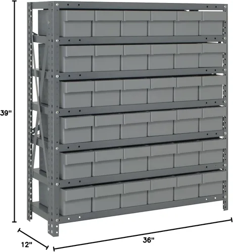 Vista 571 de Quantum QSBU-245BK Heavy Duty Shelving Unit with (7) Shelves and (24) QUS245 Black Bins for Garage Warehouse Storage Distribution 400 lb Load