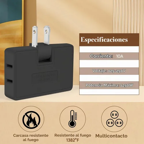 Vista 6 de Adaptador extensor de salida de pared de 3 vías plano - Paquete de 2 Adaptador de enchufe plano giratorio de 180 grados AC, extensor de salida