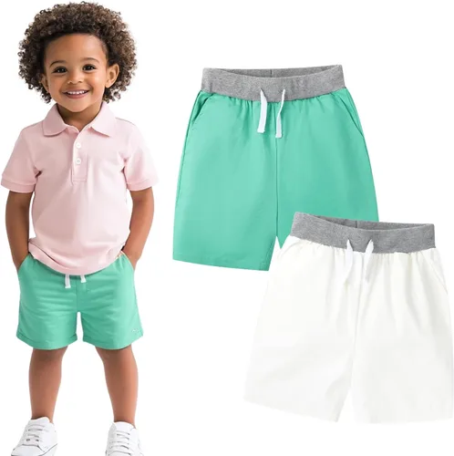 Vista 9 de HILEELANG Pantalones cortos chinos de verano para niños pequeños, de algodón, elásticos, con cordón, para uniforme escolar, 2 unidades 2401#bluekhaki