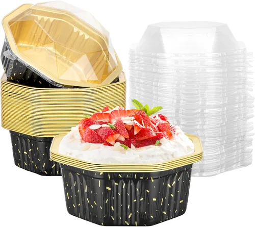 Vista 35 de Beasea Tazas desechables para hornear con tapas, juego de 50 unidades, 13.5 oz 400 ml, ramekins de aluminio con tapa de papel de aluminio, moldes