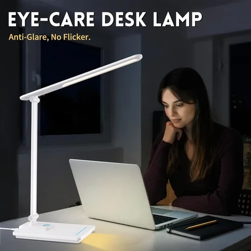 Vista 7 de Lámpara de escritorio LED para oficina en casa, puerto de carga USB, luz de escritorio de lectura con 5 temperaturas de color, atenuación continua