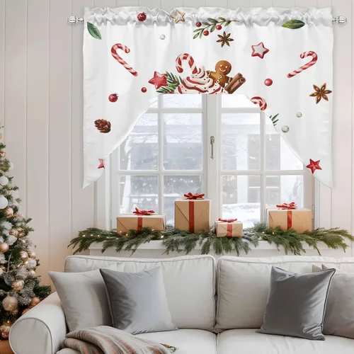 Vista 4 de Feliz Navidad, cenefa con cenefa con dobladillo para barra, paneles de cortina para dormitorio, sala de estar, baño, cafetería, ventanas, flores