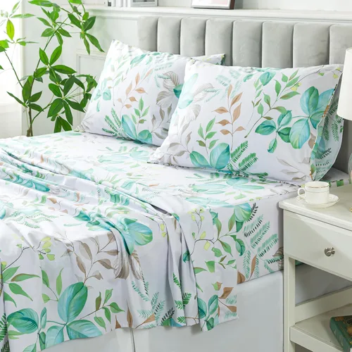 Vista 43 de FADFAY Juego de sábanas tamaño King, sábanas de algodón percal rosa floral con bolsillo profundo, ropa de cama vintage lujosa azul con estampado