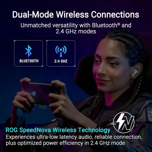 Vista 3 de ASUS ROG Cetra True Wireless SpeedNova Gaming Earbuds – Modo Dual (BT, 2.4GHz), Dirac Opteo, Micrófono AI de Conducción Ósea, ANC Adaptativo