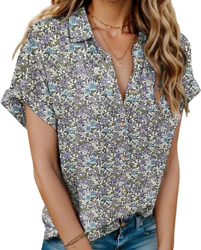 Vista 21 de HOTOUCH Camisas de Lino para Mujer con Botones Blusas de Manga Corta de Algodón Cuello en V con Cuello Tops de Gasa con Botones S-3XL