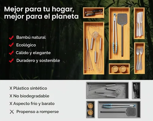 Vista 8 de Pequeñas cajas organizadoras de cajones de cocina de bambú bandeja