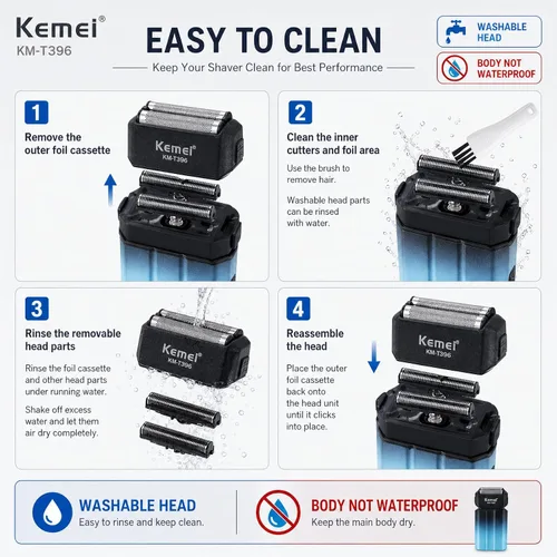Vista 6 de Kemei KM-T396 - Afeitadora eléctrica para hombres con 3 cuchillas flotantes, afeitadora eléctrica inalámbrica recargable de 7500 RPM para hombre