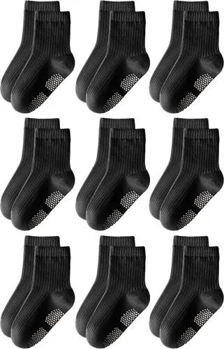 Vista 10 de HONGTEYA 9 pares de calcetines para niños pequeños, calcetines antideslizantes de algodón para bebés con agarres de 0 a 5 años