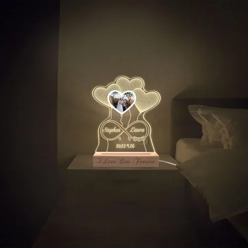 Vista 6 de Luz nocturna personalizada con ilusión 3D con base de madera, lámpara de corazón personalizada con texto de imagen, luz nocturna LED acrílica
