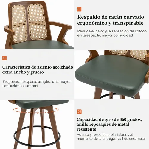 Vista 3 de Juego de 2 Taburetes de Mostrador - Taburetes Giratorios de 27 Pulgadas con Respaldo de Ratán, Brazos Curvos, Asiento Tapizado, Patas de Bambú Nogal