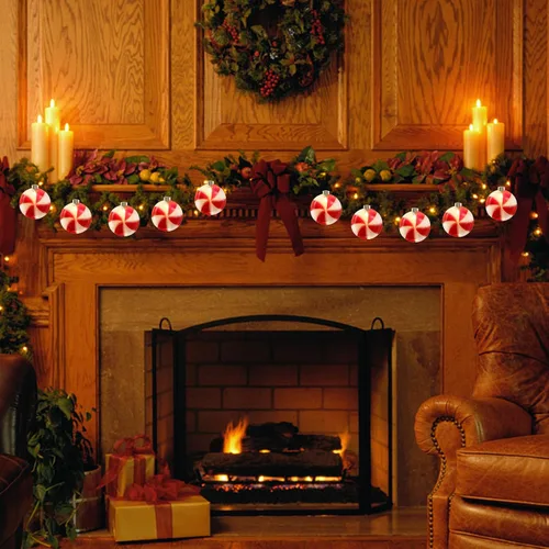 Vista 4 de Guirnalda de luces de caramelo de Navidad de 8.5 pies, cadena de luces colgantes de Navidad con 10 luces redondas rojas y blancas, luces de hadas