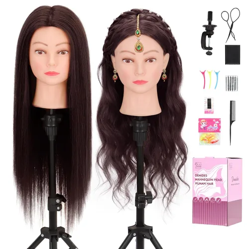 Vista 9 de Cabeza de maniquí con 80% de cabello humano de 26-28 pulgadas, cabeza de práctica de maniquí de cosmetología con cabello humano, cabeza de muñeca