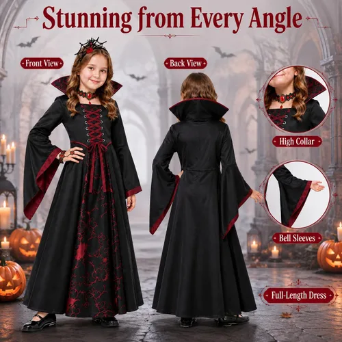 Vista 5 de Doloowee Disfraz de vampiro para niñas, disfraz de Halloween de 4 piezas