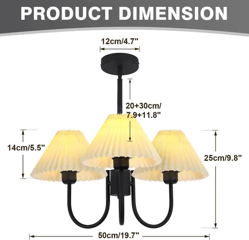 Vista 2 de KCO Lighting Lámpara Colgante Plisada Vintage de 3 Luces Araña de Techo con Pantallas de Lámpara Pequeña Araña de Tela Negra y Blanca para Sala