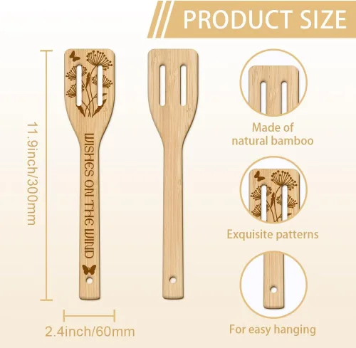 Vista 3 de GLOBLELAND Juego de 6 cucharas de madera de diente de león con diseño de mariposa y bambú, utensilios de cocina de madera grabada, juego