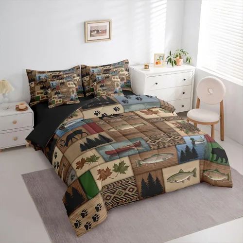 Vista 97 de Feelyou Juego de edredón de ciervo con sábanas – Tamaño Queen 7 piezas Juego de ropa de cama infantil de caza rústica – Cama de ciervo de cabaña