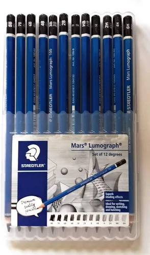 Vista 2 de Juego de Lápices Staedtler Mars Lumograph – 12 Lápices de Dibujo de Grafito Premium (6H-8B) con Sacapuntas y Borrador Sin Polvo – Kit Profesional