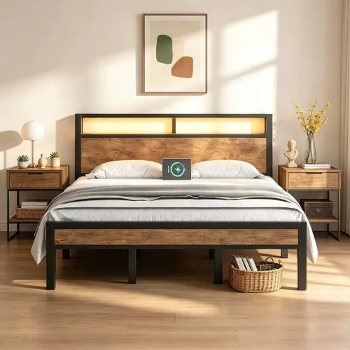 Vista 11 de LoVinson Full Size Bed Frame with Charging Station and LED Light, Metal Platform Bed with Storage Headboard, Noise Free, No Box Spring Needed, Easy
