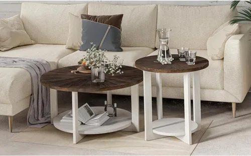 Vista 7 de Mesas de centro redondas de madera con almacenamiento, mesa de centro rústica con parte superior de madera envejecida, mesa circular grande