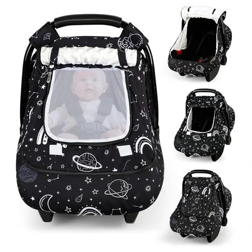 Vista 16 de Funda para asiento de auto Pea Pod para bebé, capota para asiento de auto infantil para recién nacidos con 2 capas de ventanas de tela de malla