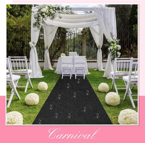 Vista 2 de Shihanee Alfombra de pasillo de lentejuelas para boda, alfombra con purpurina con cinta de alfombra, brillante, para baile de graduación, Negro