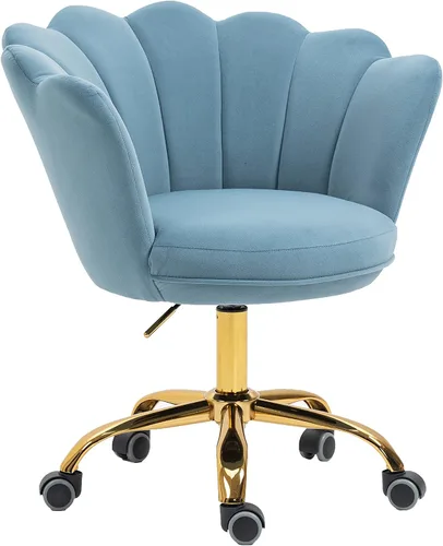 Vista 17 de Cómoda silla de trabajo para oficina en casa con ruedas, bonita y moderna tapizada de terciopelo con respaldo de concha, silla de escritorio Negro