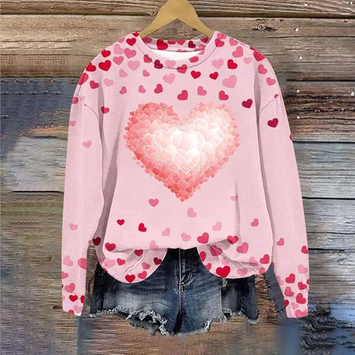 Vista 3 de Sudadera para el día de San Valentín para mujer, lindo estampado de corazón de amor, cuello redondo, manga larga, camisas casuales