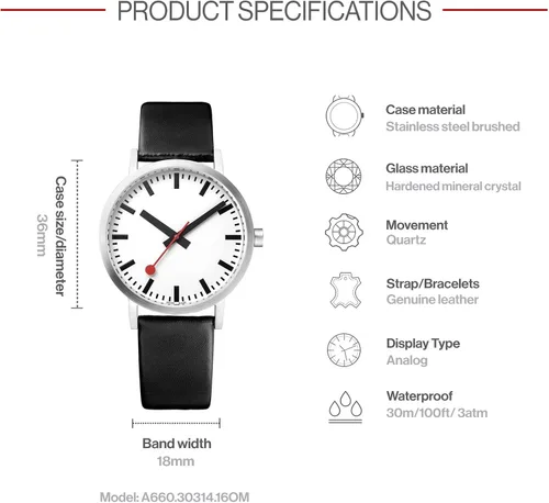 Vista 3 de Mondaine Classic A660.30314.16OM Reloj para hombre y mujer 1.417 in - Reloj de pulsera oficial de ferrocarriles suizos correa de cuero negro 98.4 ft